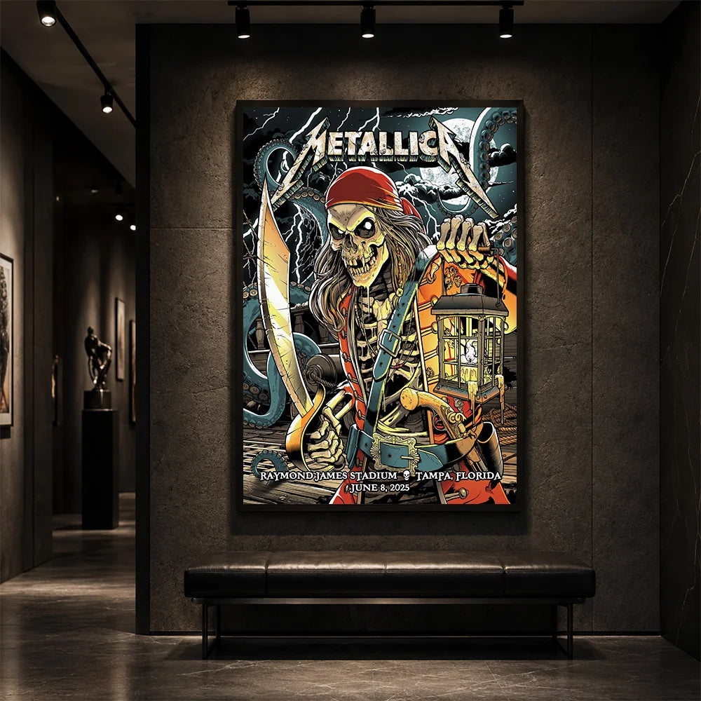 Metallica M72 World Tour June 8 2025 Raymond James Stadium Tampa Florida United States poster canvas featuring a skeletal pirate captain with a lantern and cutlass, giant tentacles, lightning, full moon and Tampa event text.