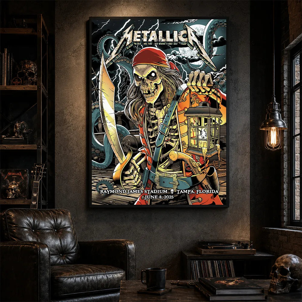 Metallica M72 World Tour June 8 2025 Raymond James Stadium Tampa Florida United States poster canvas featuring a skeletal pirate captain with a lantern and cutlass, giant tentacles, lightning, full moon and Tampa event text.