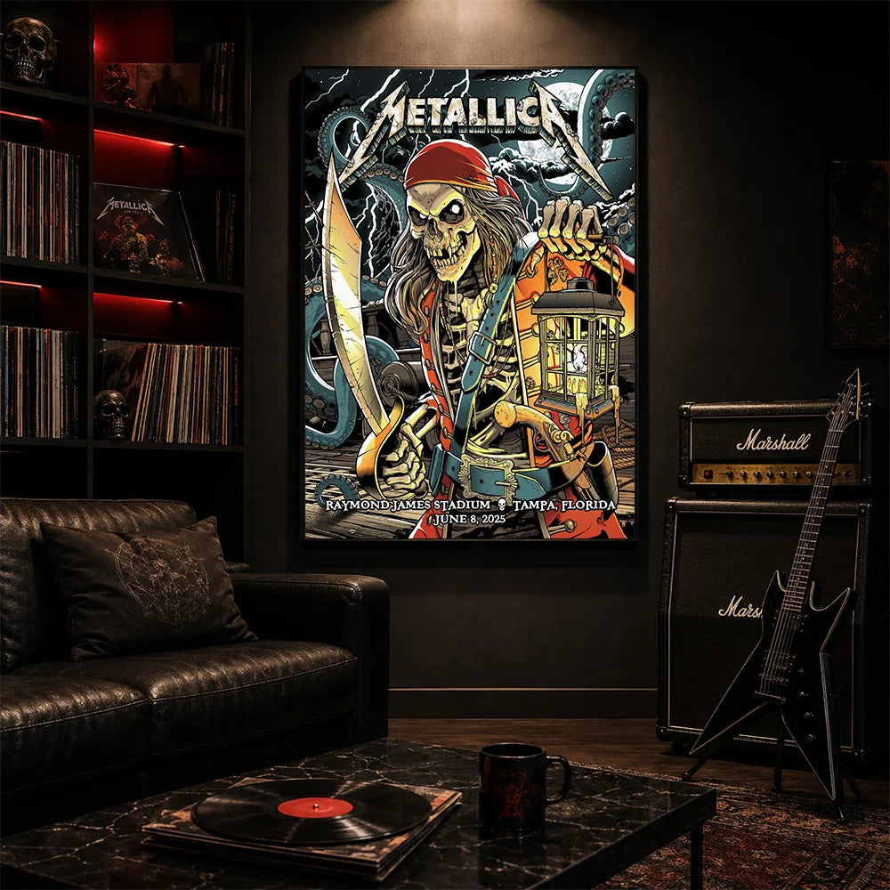 Metallica M72 World Tour June 8 2025 Raymond James Stadium Tampa Florida United States poster canvas featuring a skeletal pirate captain with a lantern and cutlass, giant tentacles, lightning, full moon and Tampa event text.