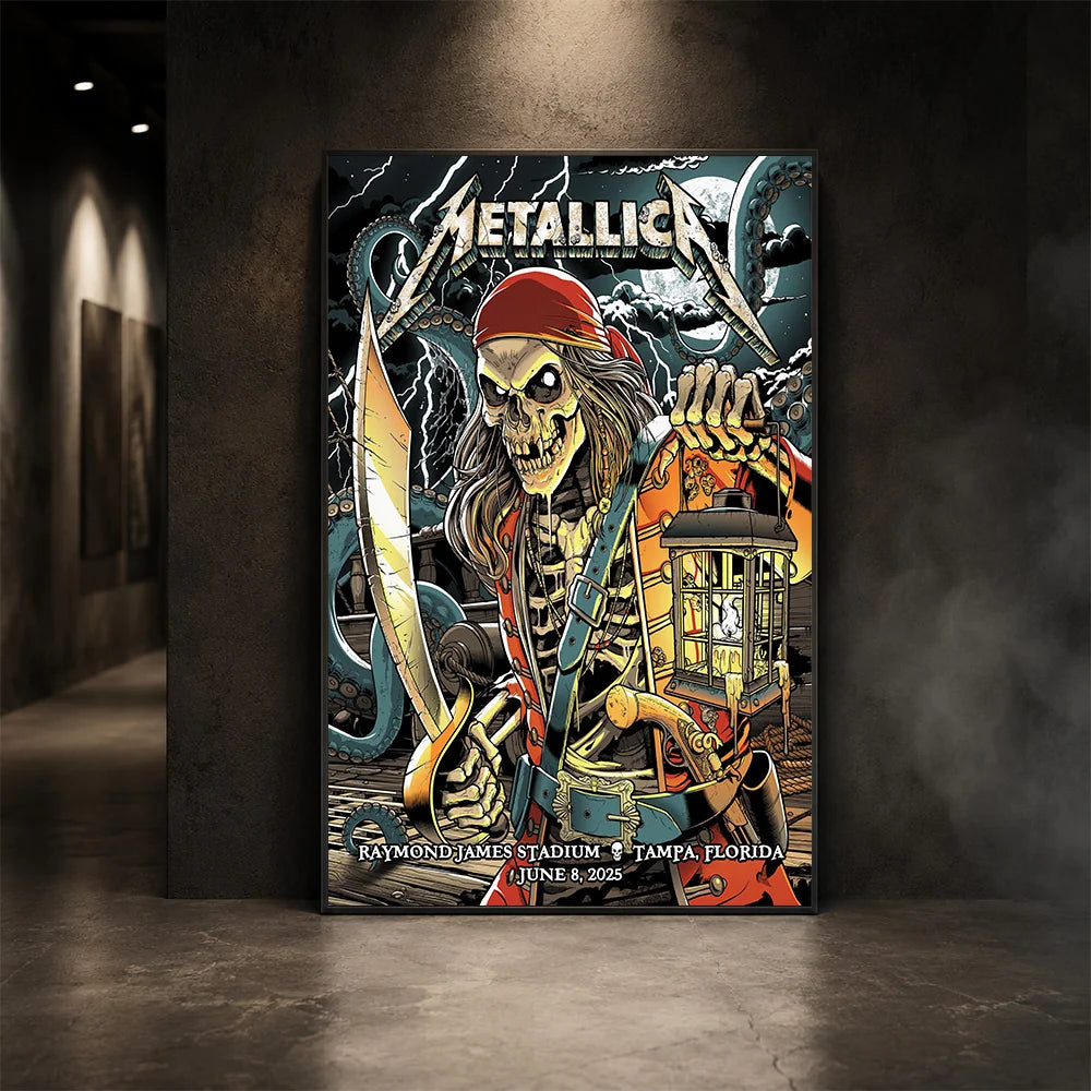 Metallica M72 World Tour June 8 2025 Raymond James Stadium Tampa Florida United States poster canvas featuring a skeletal pirate captain with a lantern and cutlass, giant tentacles, lightning, full moon and Tampa event text.