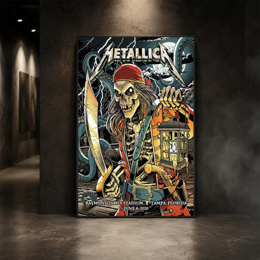 Metallica M72 World Tour June 8 2025 Raymond James Stadium Tampa Florida United States poster canvas featuring a skeletal pirate captain with a lantern and cutlass, giant tentacles, lightning, full moon and Tampa event text.
