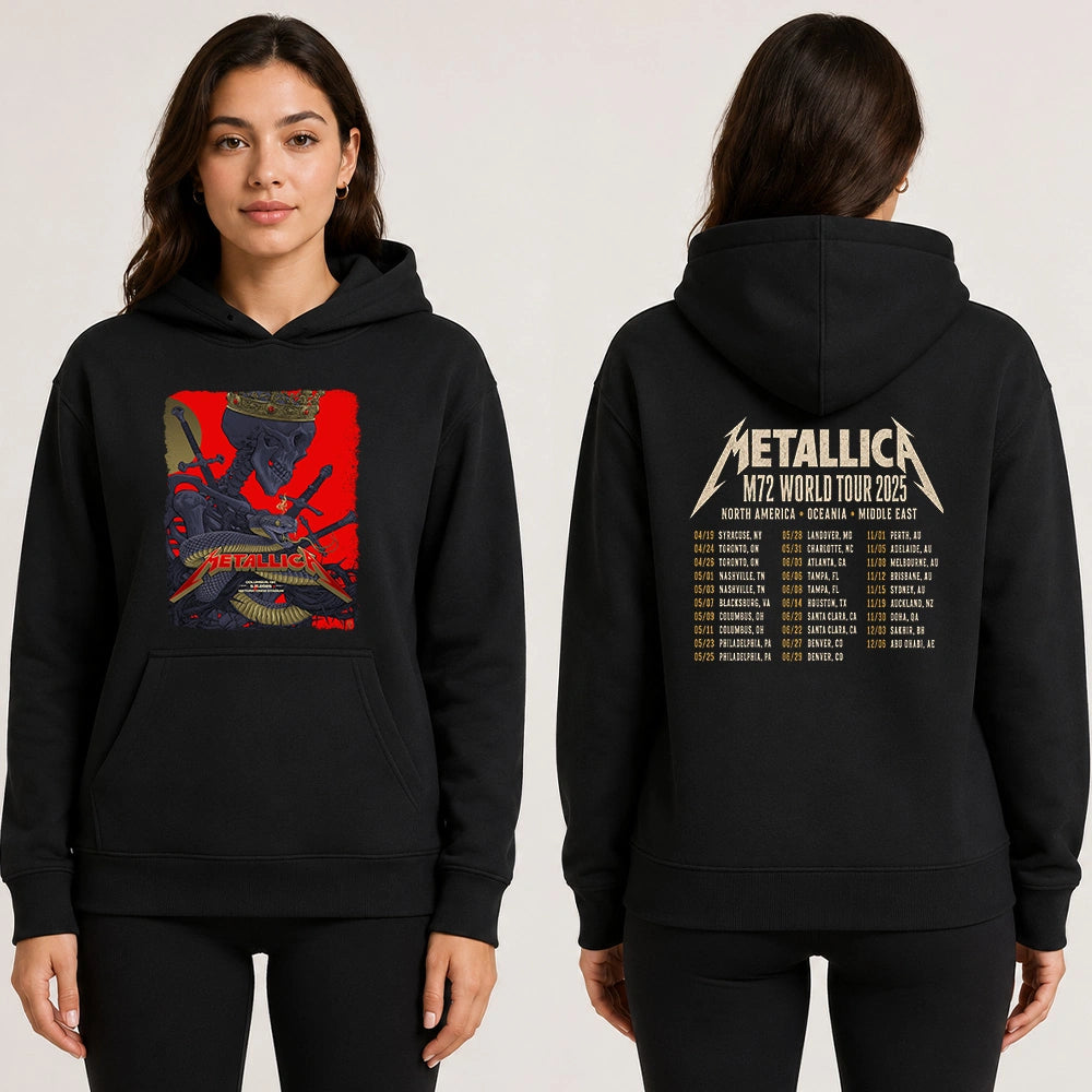 Metallica M72 World Tour May 11 2025 Historic Crew Stadium Columbus Ohio United States 2 side T-shirt by Vance Kelly featuring a crowned skeleton, coiled viper, crossed swords, thorny black roots and M72 tour back print.