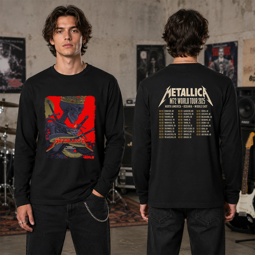 Metallica M72 World Tour May 11 2025 Historic Crew Stadium Columbus Ohio United States 2 side T-shirt by Vance Kelly featuring a crowned skeleton, coiled viper, crossed swords, thorny black roots and M72 tour back print.