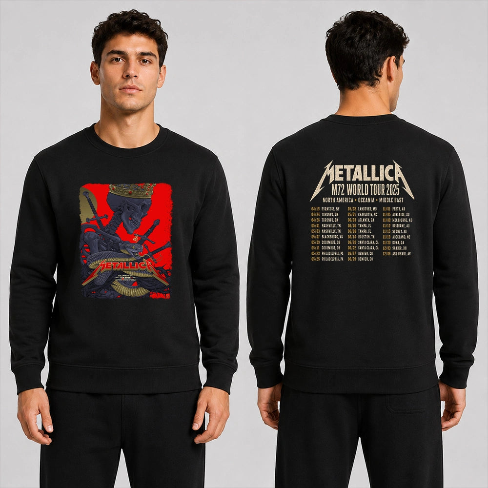 Metallica M72 World Tour May 11 2025 Historic Crew Stadium Columbus Ohio United States 2 side T-shirt by Vance Kelly featuring a crowned skeleton, coiled viper, crossed swords, thorny black roots and M72 tour back print.