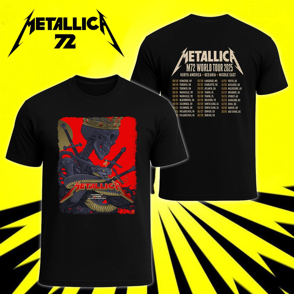 Metallica M72 World Tour May 11 2025 Historic Crew Stadium Columbus Ohio United States 2 side T-shirt by Vance Kelly featuring a crowned skeleton, coiled viper, crossed swords, thorny black roots and M72 tour back print.