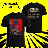 Metallica M72 World Tour May 11 2025 Historic Crew Stadium Columbus Ohio United States 2 side T-shirt by Vance Kelly featuring a crowned skeleton, coiled viper, crossed swords, thorny black roots and M72 tour back print.
