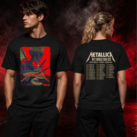 Metallica M72 World Tour May 11 2025 Historic Crew Stadium Columbus Ohio United States 2 side T-shirt by Vance Kelly featuring a crowned skeleton, coiled viper, crossed swords, thorny black roots and M72 tour back print.