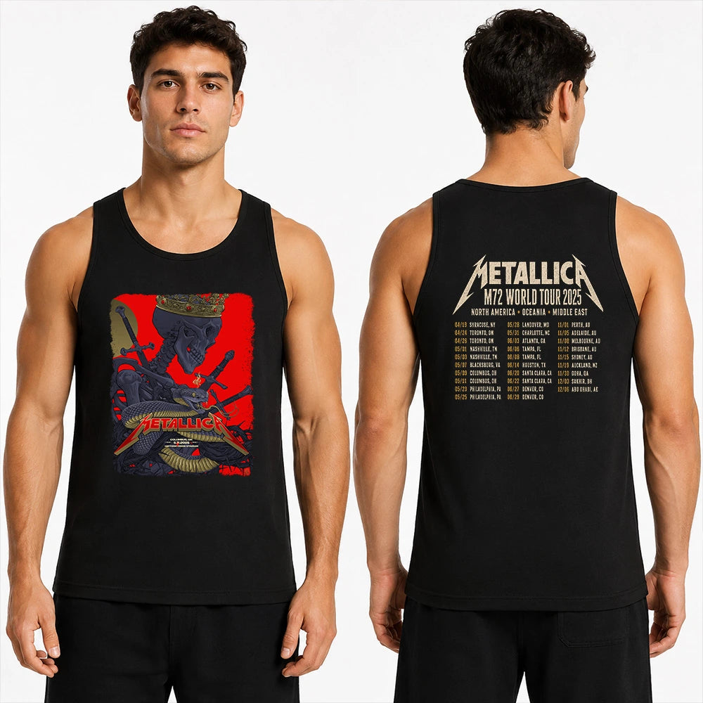 Metallica M72 World Tour May 11 2025 Historic Crew Stadium Columbus Ohio United States 2 side T-shirt by Vance Kelly featuring a crowned skeleton, coiled viper, crossed swords, thorny black roots and M72 tour back print.