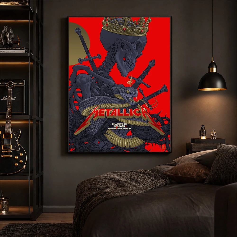 Metallica M72 World Tour May 11 2025 Historic Crew Stadium Columbus Ohio United States poster canvas by Vance Kelly featuring a crowned skeleton, coiled viper, crossed swords, thorny black roots and Columbus event text.