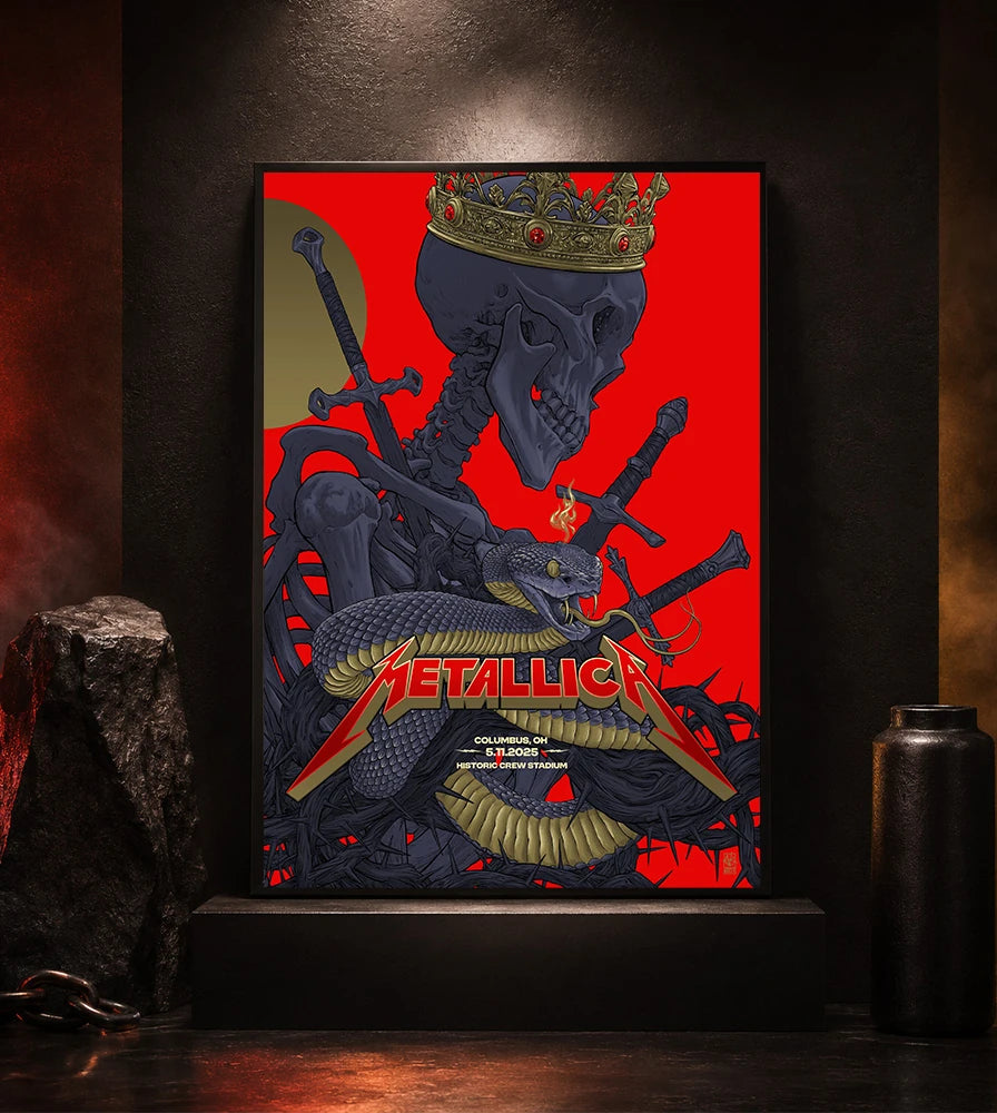Metallica M72 World Tour May 11 2025 Historic Crew Stadium Columbus Ohio United States poster canvas by Vance Kelly featuring a crowned skeleton, coiled viper, crossed swords, thorny black roots and Columbus event text.