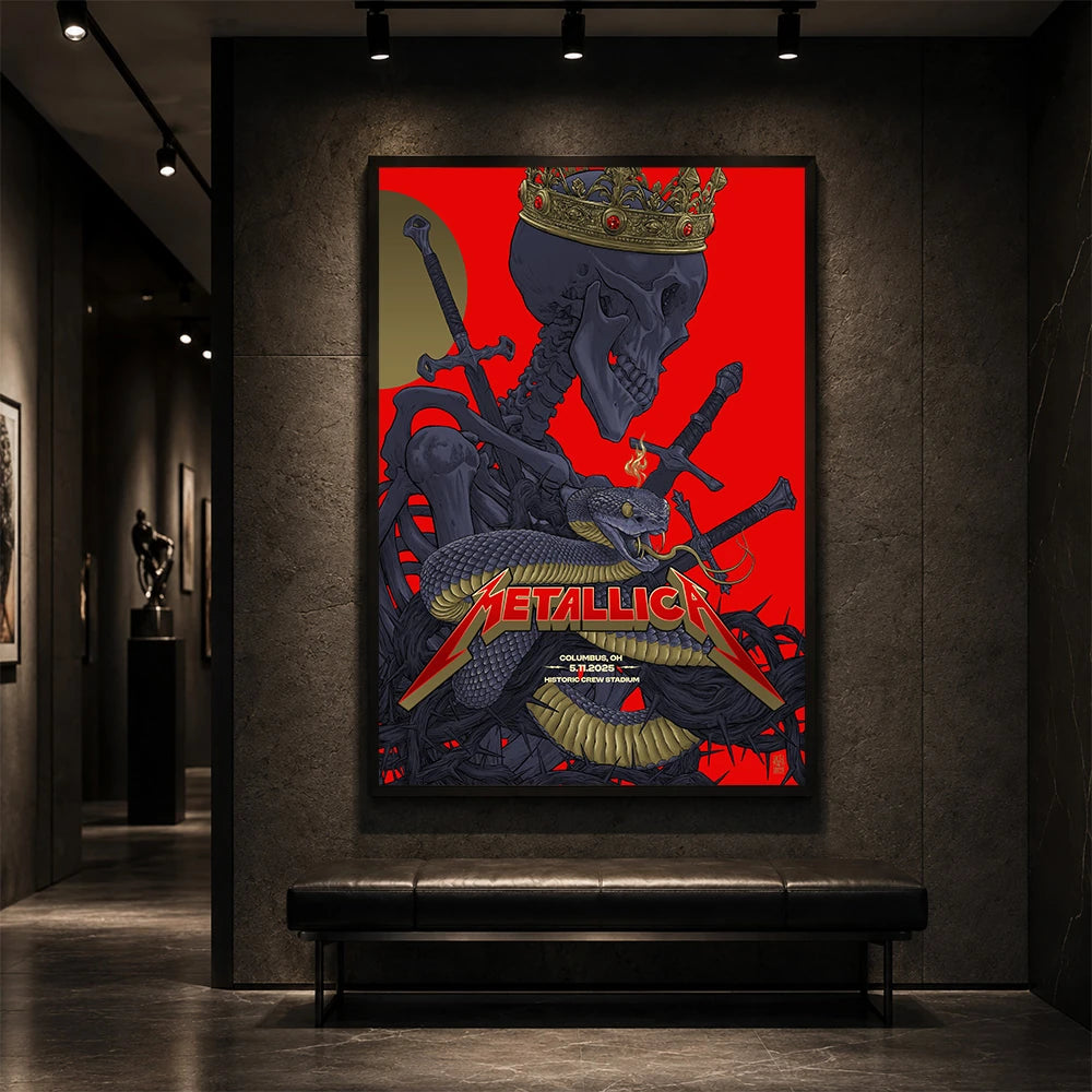 Metallica M72 World Tour May 11 2025 Historic Crew Stadium Columbus Ohio United States poster canvas by Vance Kelly featuring a crowned skeleton, coiled viper, crossed swords, thorny black roots and Columbus event text.