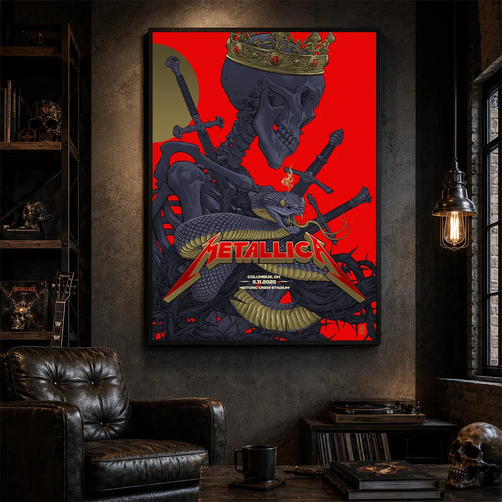 Metallica M72 World Tour May 11 2025 Historic Crew Stadium Columbus Ohio United States poster canvas by Vance Kelly featuring a crowned skeleton, coiled viper, crossed swords, thorny black roots and Columbus event text.
