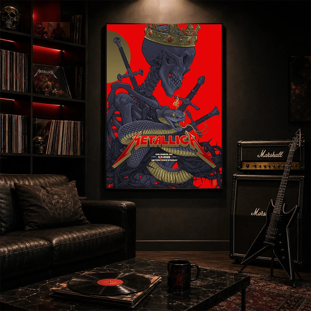 Metallica M72 World Tour May 11 2025 Historic Crew Stadium Columbus Ohio United States poster canvas by Vance Kelly featuring a crowned skeleton, coiled viper, crossed swords, thorny black roots and Columbus event text.