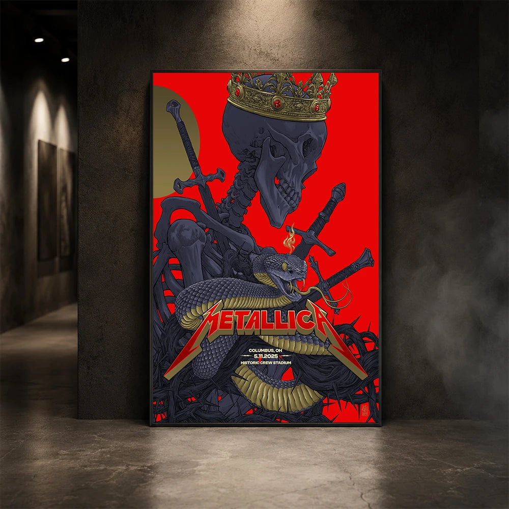 Metallica M72 World Tour May 11 2025 Historic Crew Stadium Columbus Ohio United States poster canvas by Vance Kelly featuring a crowned skeleton, coiled viper, crossed swords, thorny black roots and Columbus event text.