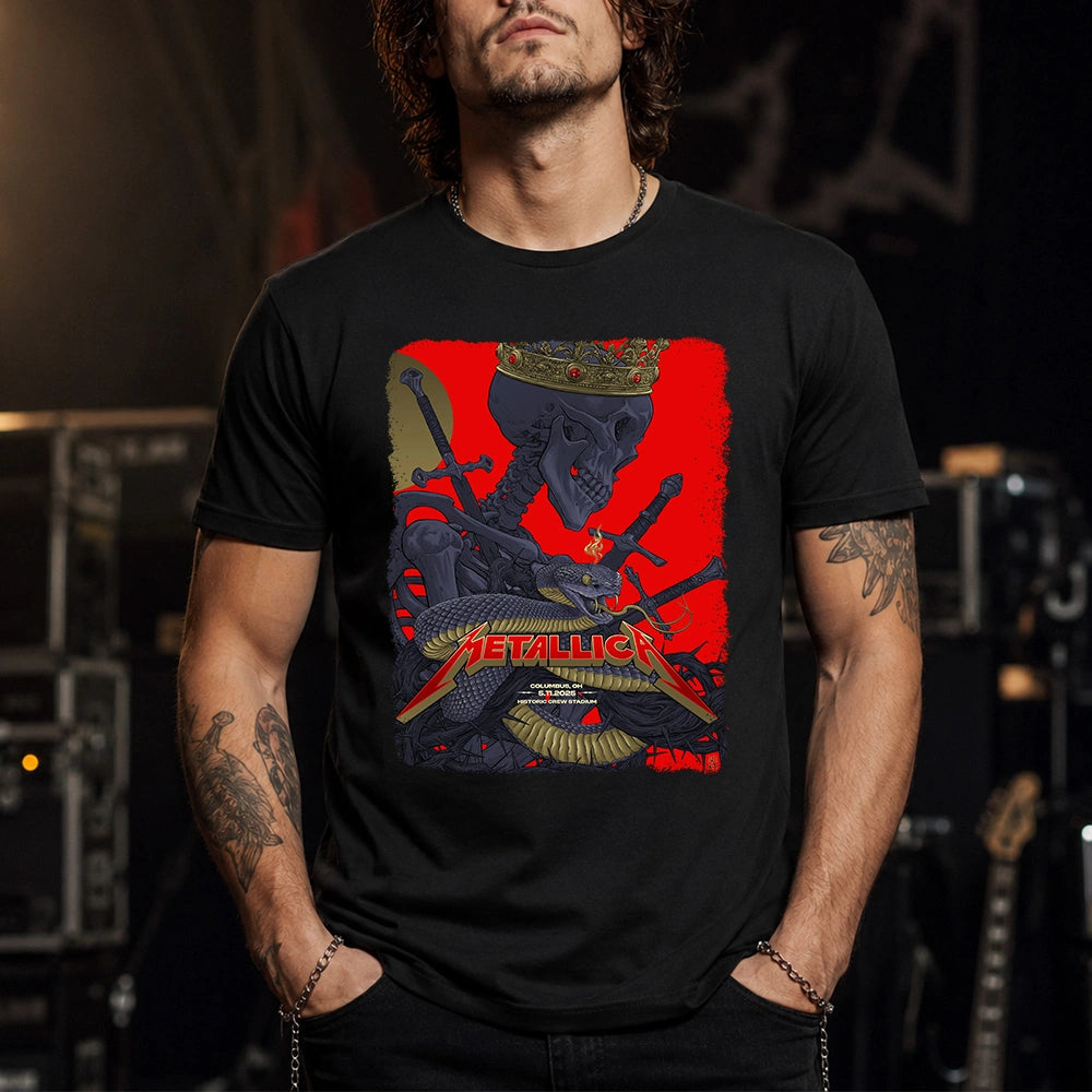 Metallica M72 World Tour May 11 2025 Historic Crew Stadium Columbus Ohio United States T-shirt by Vance Kelly featuring a crowned skeleton, coiled viper, crossed swords, thorny black roots and Columbus event text.