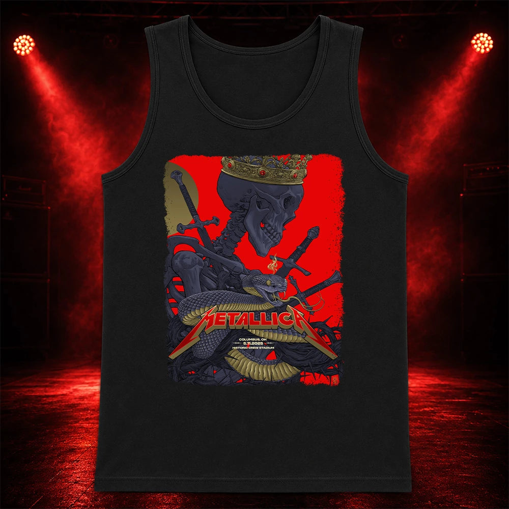 Metallica M72 World Tour May 11 2025 Historic Crew Stadium Columbus Ohio United States T-shirt by Vance Kelly featuring a crowned skeleton, coiled viper, crossed swords, thorny black roots and Columbus event text.