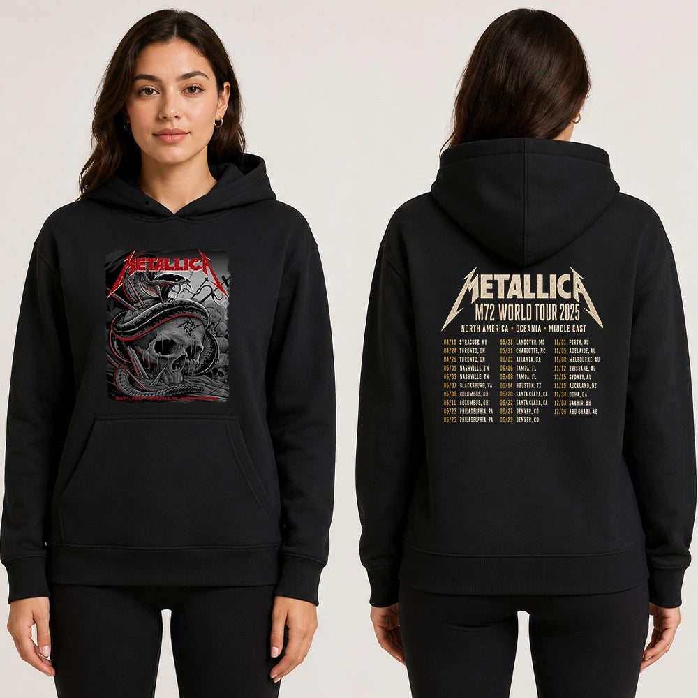 Metallica M72 World Tour May 1 2025 Nissan Stadium Nashville Tennessee United States 2 side T-shirt by Maxx242 featuring a coiled black serpent wrapped around a weathered skull with graveyard silhouettes and M72 tour back print.