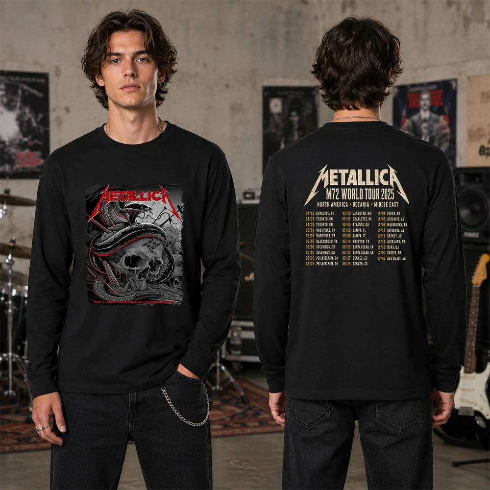 Metallica M72 World Tour May 1 2025 Nissan Stadium Nashville Tennessee United States 2 side T-shirt by Maxx242 featuring a coiled black serpent wrapped around a weathered skull with graveyard silhouettes and M72 tour back print.