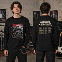Metallica M72 World Tour May 1 2025 Nissan Stadium Nashville Tennessee United States 2 side T-shirt by Maxx242 featuring a coiled black serpent wrapped around a weathered skull with graveyard silhouettes and M72 tour back print.