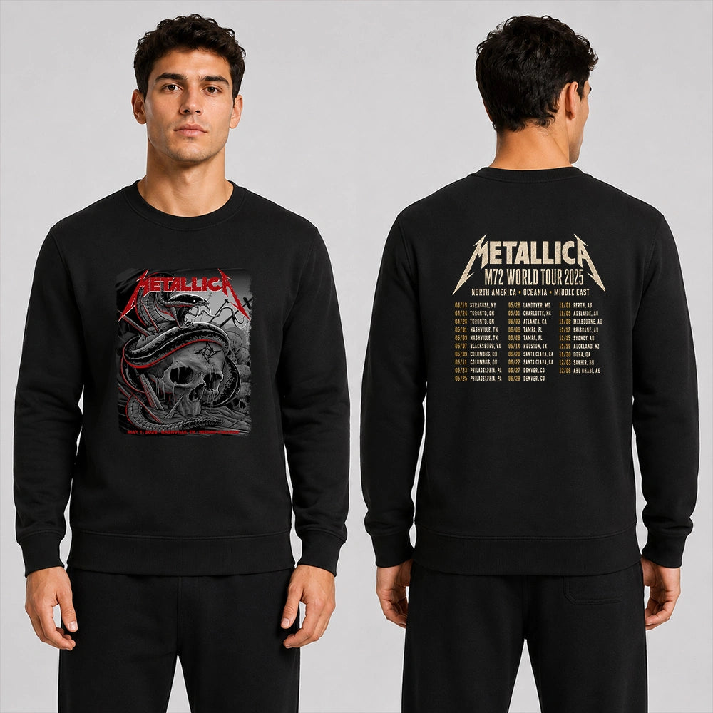 Metallica M72 World Tour May 1 2025 Nissan Stadium Nashville Tennessee United States 2 side T-shirt by Maxx242 featuring a coiled black serpent wrapped around a weathered skull with graveyard silhouettes and M72 tour back print.