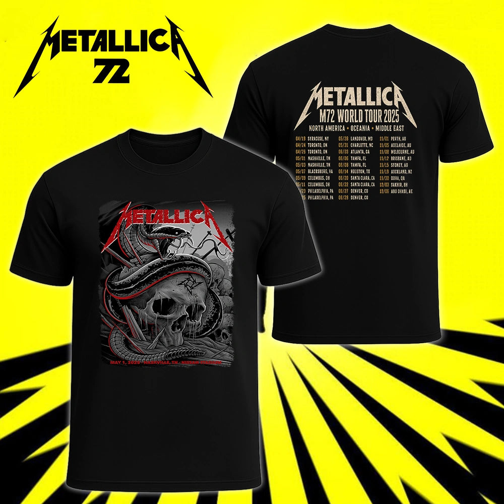 Metallica M72 World Tour May 1 2025 Nissan Stadium Nashville Tennessee United States 2 side T-shirt by Maxx242 featuring a coiled black serpent wrapped around a weathered skull with graveyard silhouettes and M72 tour back print.