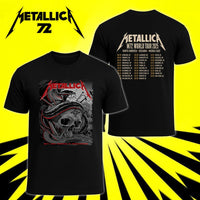 Metallica M72 World Tour May 1 2025 Nissan Stadium Nashville Tennessee United States 2 side T-shirt by Maxx242 featuring a coiled black serpent wrapped around a weathered skull with graveyard silhouettes and M72 tour back print.