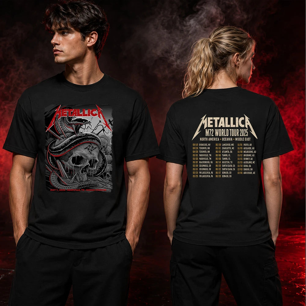 Metallica M72 World Tour May 1 2025 Nissan Stadium Nashville Tennessee United States 2 side T-shirt by Maxx242 featuring a coiled black serpent wrapped around a weathered skull with graveyard silhouettes and M72 tour back print.