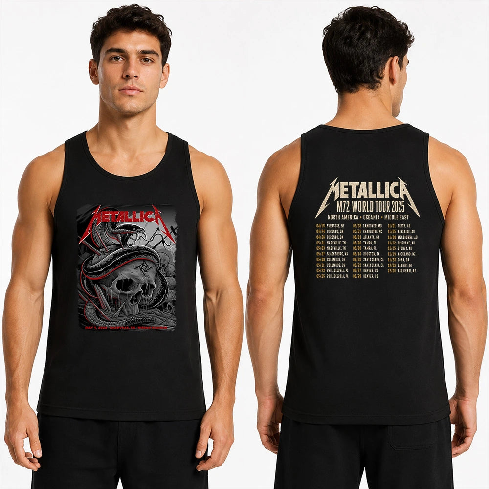 Metallica M72 World Tour May 1 2025 Nissan Stadium Nashville Tennessee United States 2 side T-shirt by Maxx242 featuring a coiled black serpent wrapped around a weathered skull with graveyard silhouettes and M72 tour back print.