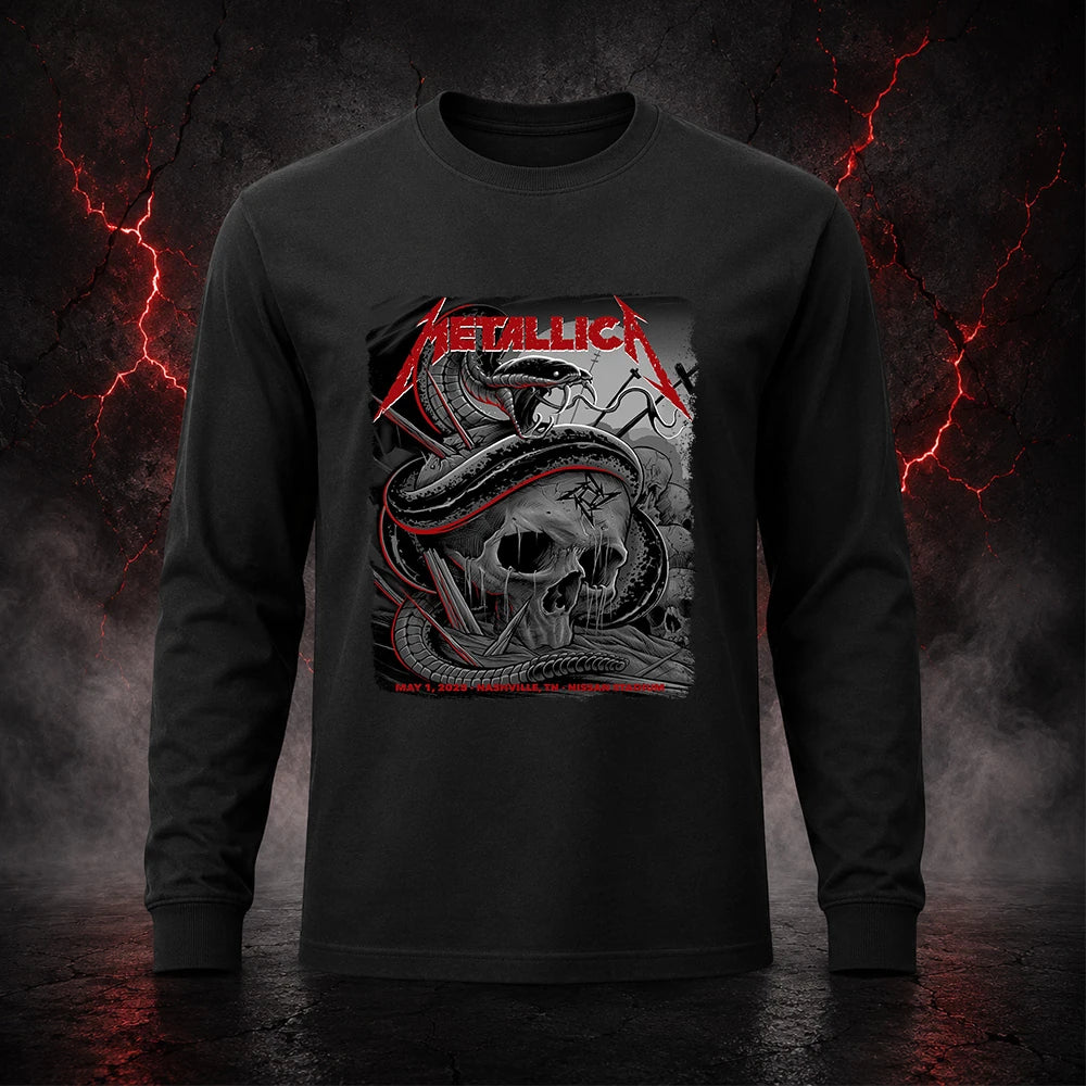 Metallica M72 World Tour May 1 2025 Nissan Stadium Nashville Tennessee United States T-shirt by Maxx242 featuring a coiled black serpent wrapped around a weathered skull with graveyard silhouettes and Nashville event text.