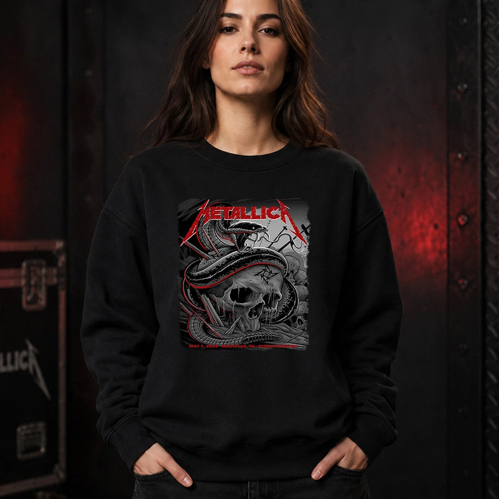 Metallica M72 World Tour May 1 2025 Nissan Stadium Nashville Tennessee United States T-shirt by Maxx242 featuring a coiled black serpent wrapped around a weathered skull with graveyard silhouettes and Nashville event text.