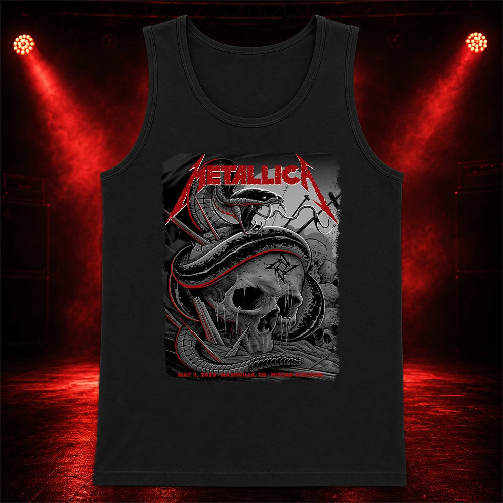Metallica M72 World Tour May 1 2025 Nissan Stadium Nashville Tennessee United States T-shirt by Maxx242 featuring a coiled black serpent wrapped around a weathered skull with graveyard silhouettes and Nashville event text.