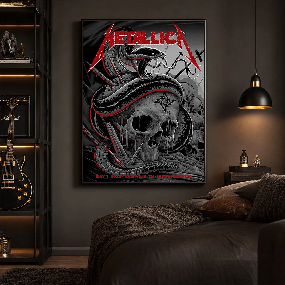 Metallica M72 World Tour May 1 2025 Nissan Stadium Nashville Tennessee United States poster canvas featuring a coiled black serpent wrapped around a weathered skull with graveyard silhouettes and Nashville event text.