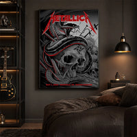 Metallica M72 World Tour May 1 2025 Nissan Stadium Nashville Tennessee United States poster canvas featuring a coiled black serpent wrapped around a weathered skull with graveyard silhouettes and Nashville event text.
