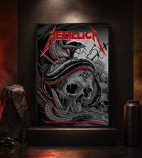 Metallica M72 World Tour May 1 2025 Nissan Stadium Nashville Tennessee United States poster canvas featuring a coiled black serpent wrapped around a weathered skull with graveyard silhouettes and Nashville event text.