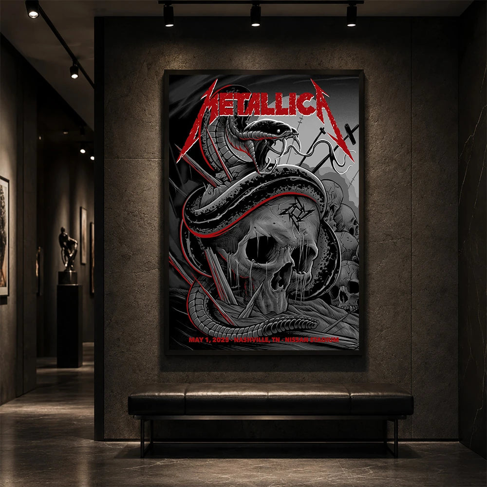 Metallica M72 World Tour May 1 2025 Nissan Stadium Nashville Tennessee United States poster canvas featuring a coiled black serpent wrapped around a weathered skull with graveyard silhouettes and Nashville event text.