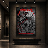 Metallica M72 World Tour May 1 2025 Nissan Stadium Nashville Tennessee United States poster canvas featuring a coiled black serpent wrapped around a weathered skull with graveyard silhouettes and Nashville event text.