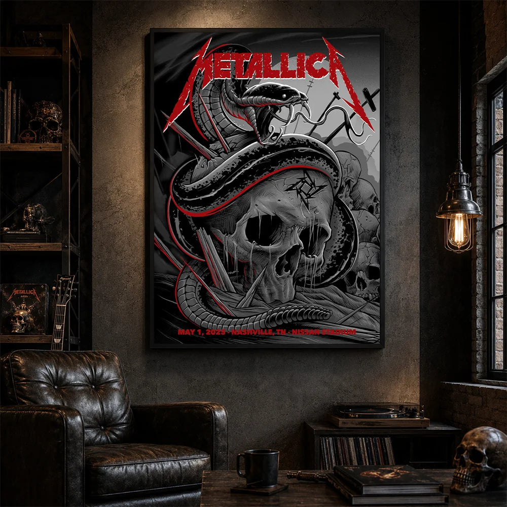 Metallica M72 World Tour May 1 2025 Nissan Stadium Nashville Tennessee United States poster canvas featuring a coiled black serpent wrapped around a weathered skull with graveyard silhouettes and Nashville event text.