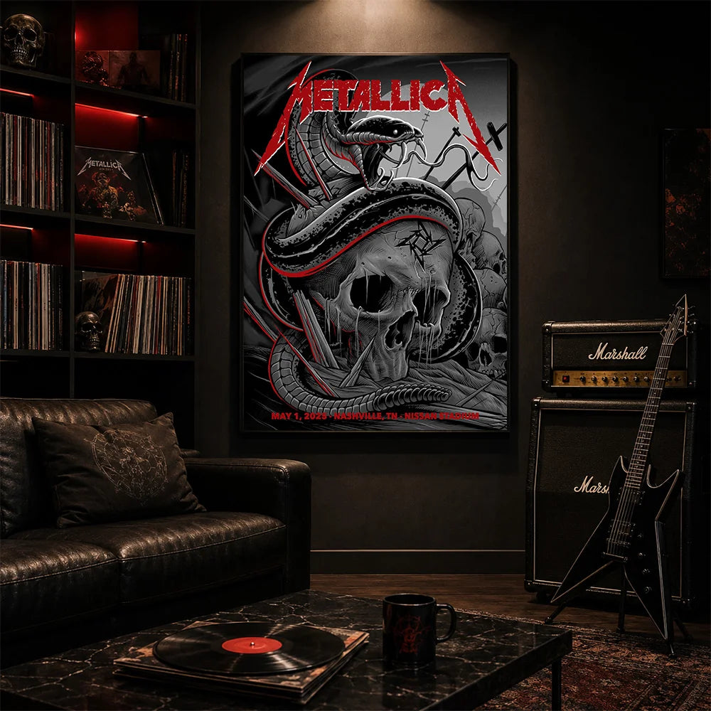 Metallica M72 World Tour May 1 2025 Nissan Stadium Nashville Tennessee United States poster canvas featuring a coiled black serpent wrapped around a weathered skull with graveyard silhouettes and Nashville event text.
