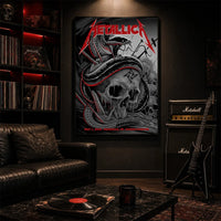 Metallica M72 World Tour May 1 2025 Nissan Stadium Nashville Tennessee United States poster canvas featuring a coiled black serpent wrapped around a weathered skull with graveyard silhouettes and Nashville event text.