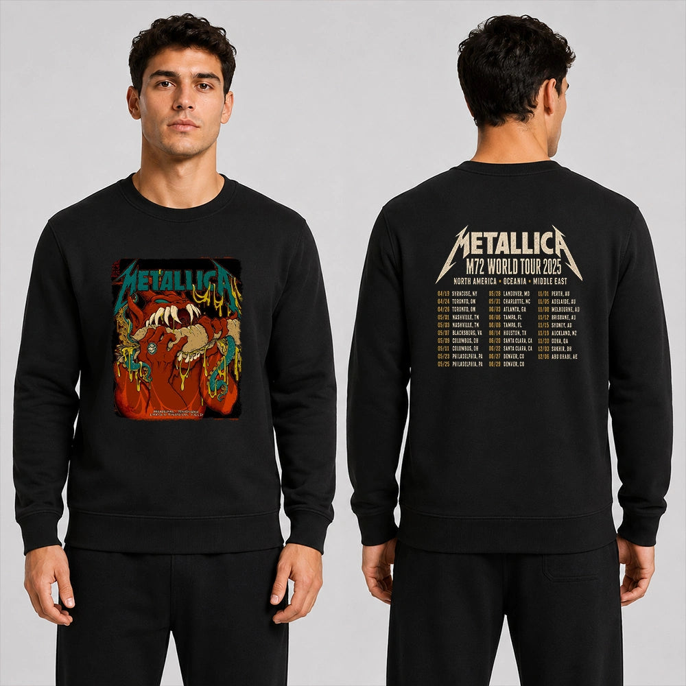 Metallica M72 World Tour May 23 2025 Lincoln Financial Field Philadelphia Pennsylvania United States 2 side T-shirt by Squindo featuring a snarling red creature with giant fangs, red hands, blue-green tentacles, dripping yellow slime and M72 tour back print.