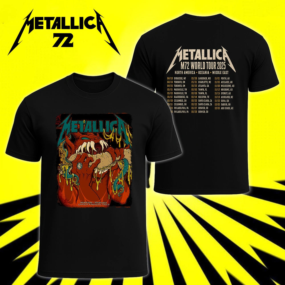 Metallica M72 World Tour May 23 2025 Lincoln Financial Field Philadelphia Pennsylvania United States 2 side T-shirt by Squindo featuring a snarling red creature with giant fangs, red hands, blue-green tentacles, dripping yellow slime and M72 tour back print.
