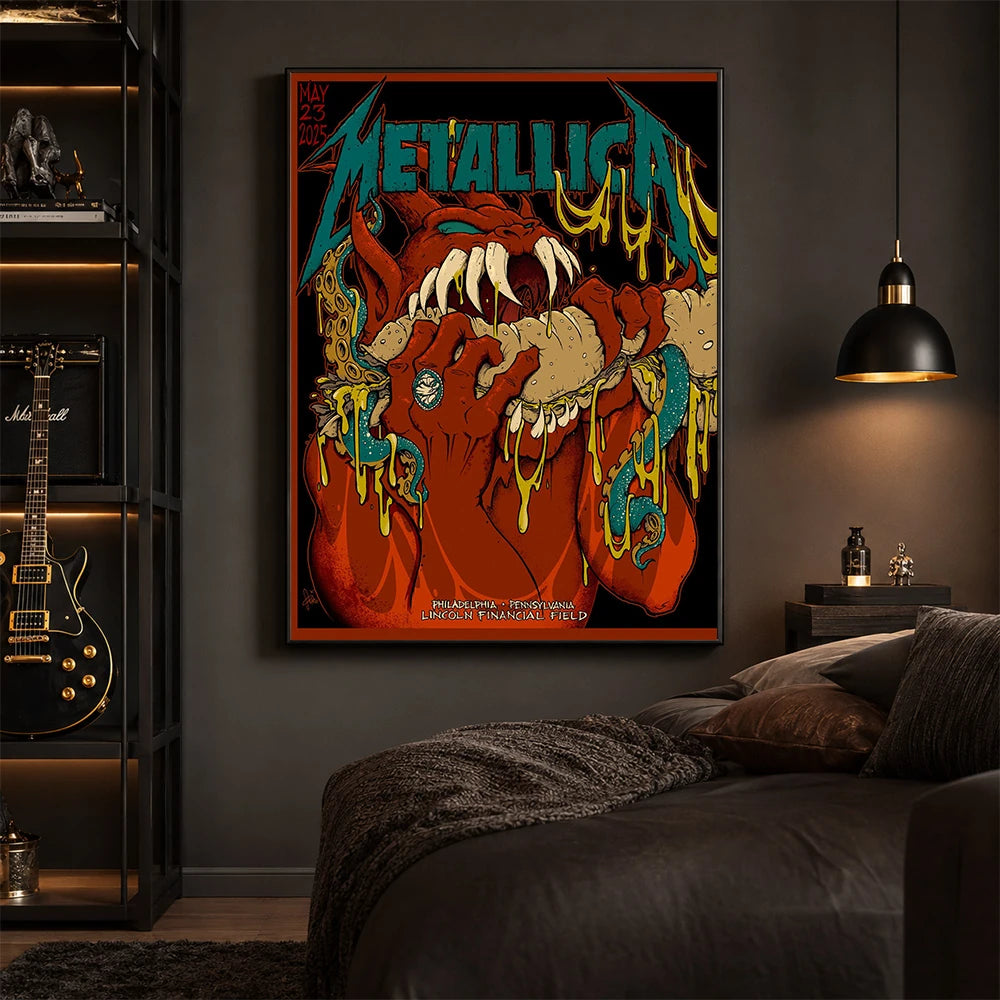 Metallica M72 World Tour May 23 2025 Lincoln Financial Field Philadelphia Pennsylvania United States poster canvas by Squindo featuring a snarling red creature with giant fangs, red hands, blue-green tentacles, dripping yellow slime and Philadelphia event text.