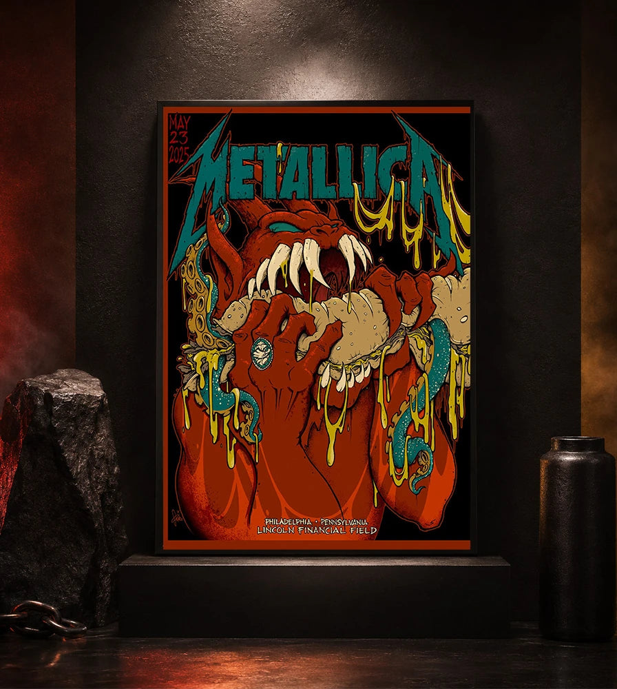 Metallica M72 World Tour May 23 2025 Lincoln Financial Field Philadelphia Pennsylvania United States poster canvas by Squindo featuring a snarling red creature with giant fangs, red hands, blue-green tentacles, dripping yellow slime and Philadelphia event text.