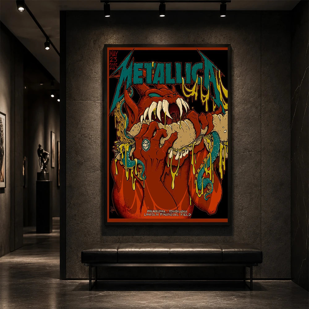 Metallica M72 World Tour May 23 2025 Lincoln Financial Field Philadelphia Pennsylvania United States poster canvas by Squindo featuring a snarling red creature with giant fangs, red hands, blue-green tentacles, dripping yellow slime and Philadelphia event text.