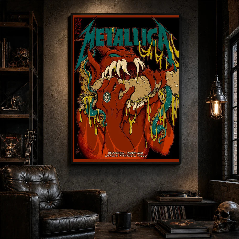 Metallica M72 World Tour May 23 2025 Lincoln Financial Field Philadelphia Pennsylvania United States poster canvas by Squindo featuring a snarling red creature with giant fangs, red hands, blue-green tentacles, dripping yellow slime and Philadelphia event text.