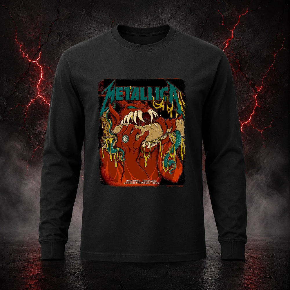 Metallica M72 World Tour May 23 2025 Lincoln Financial Field Philadelphia Pennsylvania United States T-shirt by Squindo featuring a snarling red creature with giant fangs, red hands, blue-green tentacles, dripping yellow slime and Philadelphia event text.