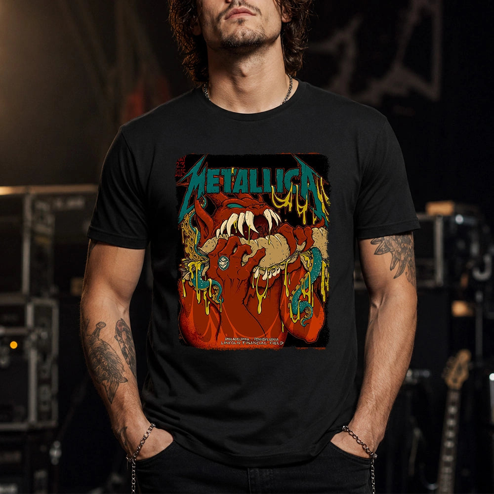 Metallica M72 World Tour May 23 2025 Lincoln Financial Field Philadelphia Pennsylvania United States T-shirt by Squindo featuring a snarling red creature with giant fangs, red hands, blue-green tentacles, dripping yellow slime and Philadelphia event text.
