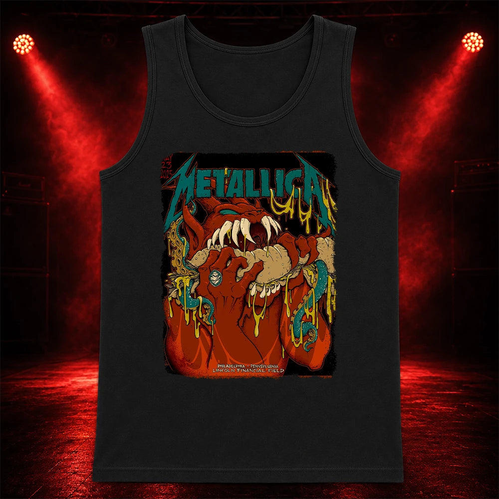 Metallica M72 World Tour May 23 2025 Lincoln Financial Field Philadelphia Pennsylvania United States T-shirt by Squindo featuring a snarling red creature with giant fangs, red hands, blue-green tentacles, dripping yellow slime and Philadelphia event text.