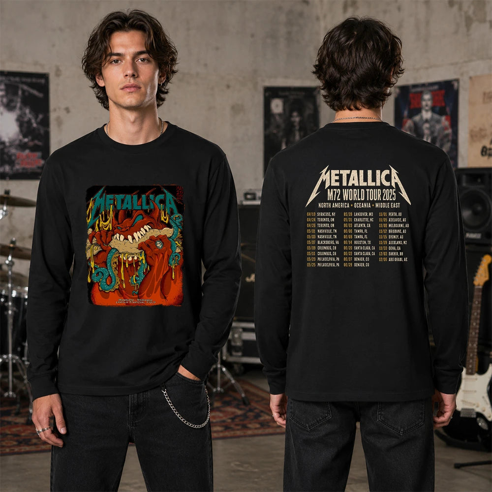 Metallica M72 World Tour May 25 2025 Lincoln Financial Field Philadelphia Pennsylvania United States 2 side T-shirt by Squindo featuring a monstrous fanged creature with red hands, blue-green tentacles, dripping yellow slime and M72 tour back print.