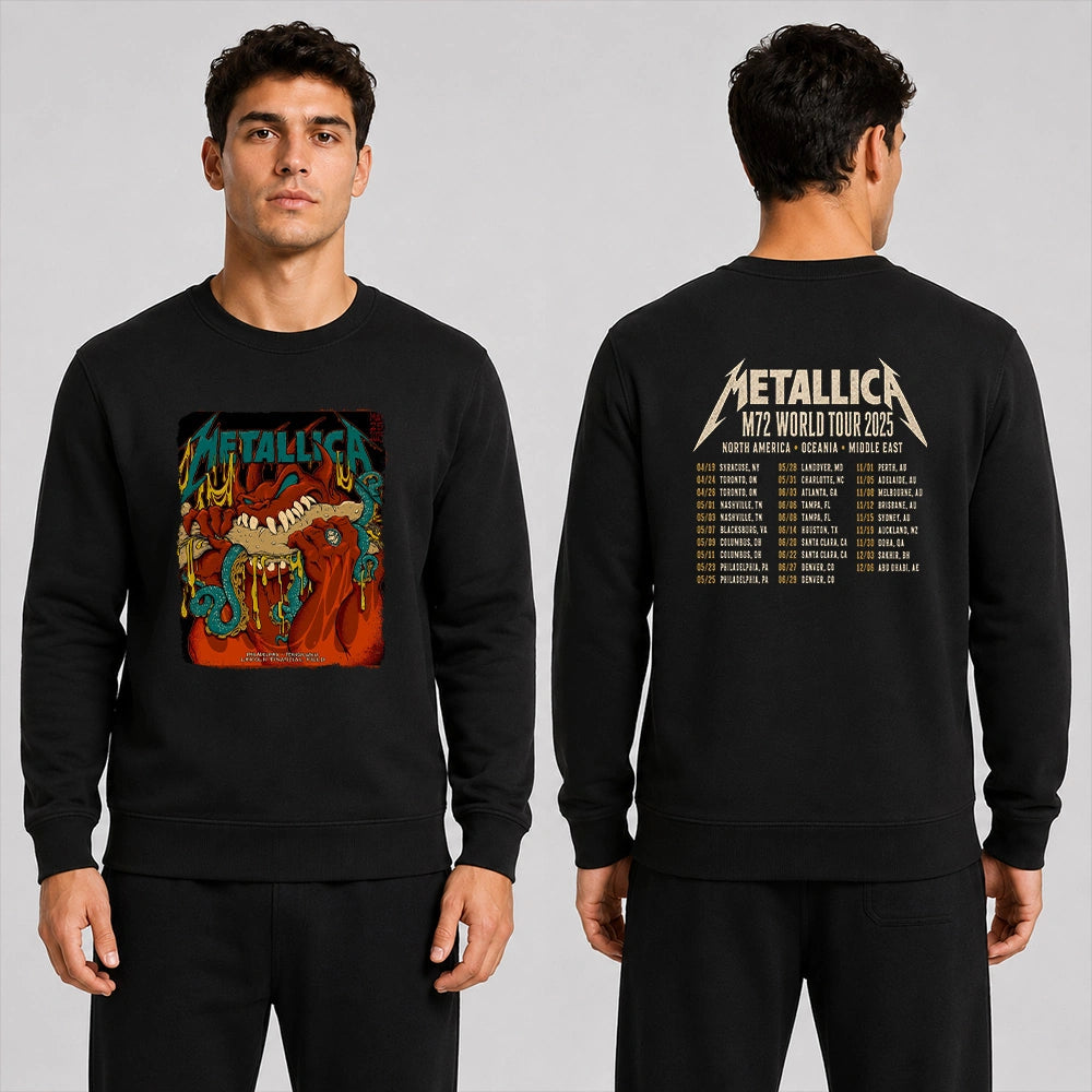 Metallica M72 World Tour May 25 2025 Lincoln Financial Field Philadelphia Pennsylvania United States 2 side T-shirt by Squindo featuring a monstrous fanged creature with red hands, blue-green tentacles, dripping yellow slime and M72 tour back print.